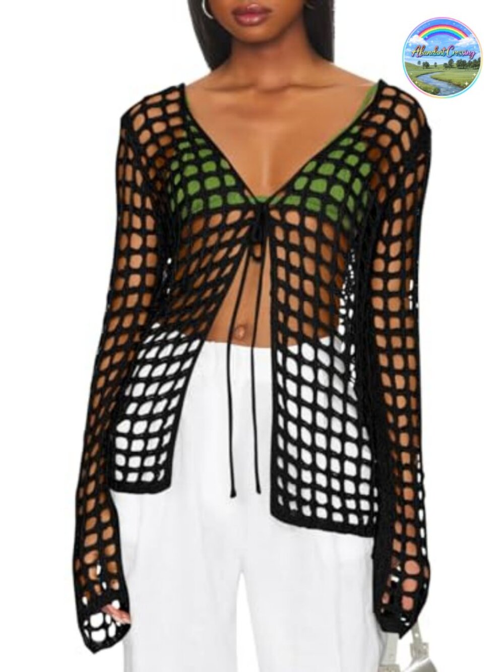 Women's Crochet Hollow Out Tie Front Swimsuit Coverup Cardigan, Long Sleeve